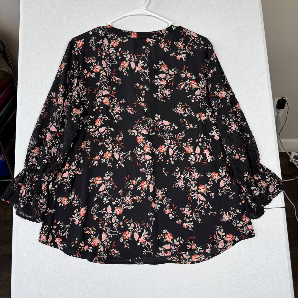 Van Heusen Womens Floral Blouse Black Pink Clip Dot Sheer Long Sleeve Top Large - Picture 2 of 9